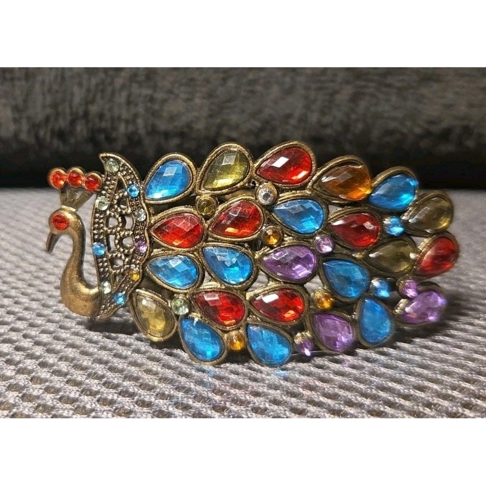 vintage-style multicolor rhinestone peacock hinged cuff bracelet
